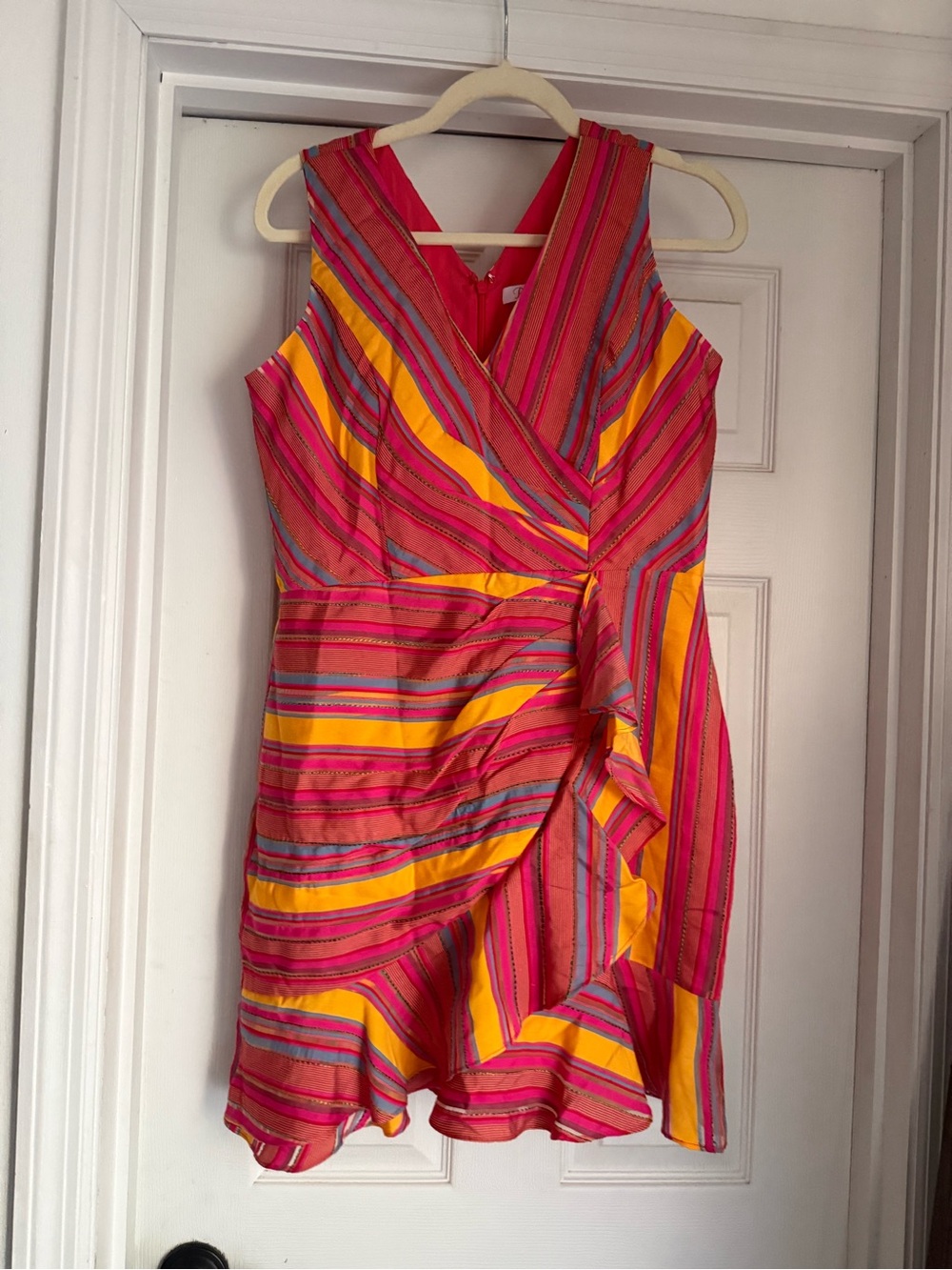 Parker Striped Wrap-Style Mini Dress in Pink and Yellow